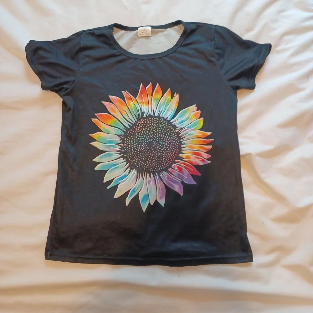 Sunflower Graphic Tee Kids 14-16T Black Rainbow Tie Dye Floral Tween Festival